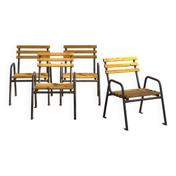 Old yellow wrought iron garden chairs (c.1920). Set of 4 pieces #39
