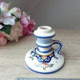 Old Candlestick with Handle in Earthenware from Rouen Floral Decor