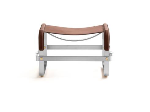 Antique Steel and Dark Brown Saddle Leather Footrest, Contemporary Style