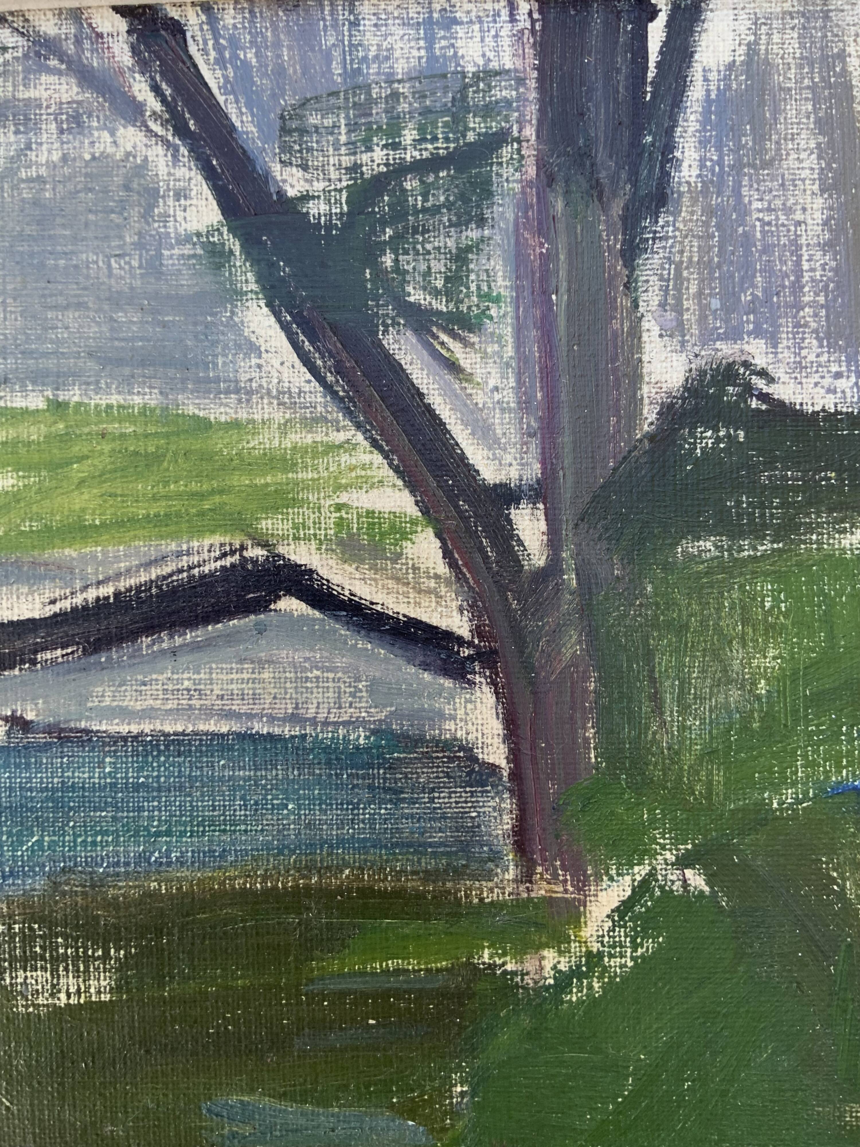 Vintage Modernists Landscape Oil on Canvas signed by F.H. 1950s