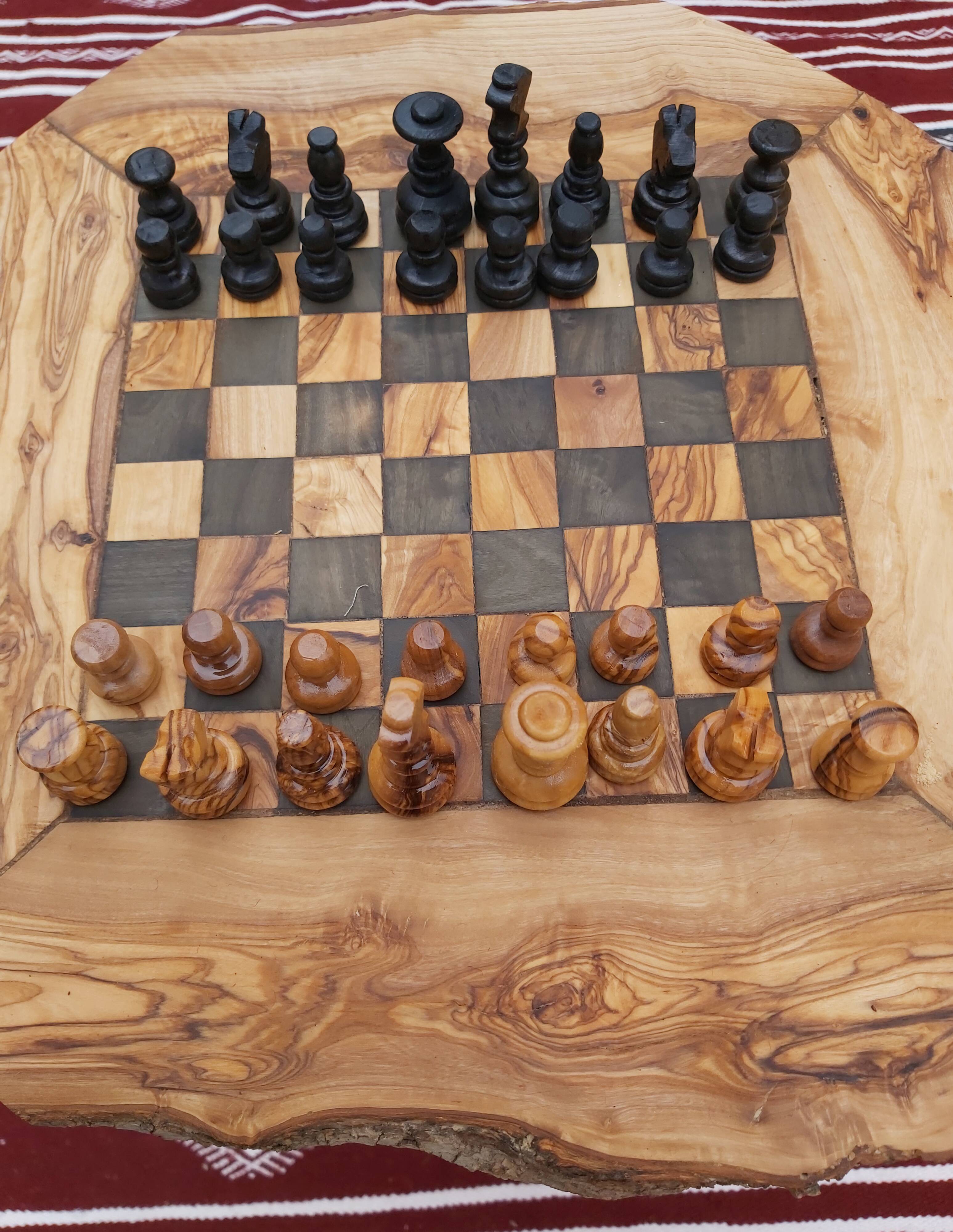 Chess table with handmade drawers made of olive wood