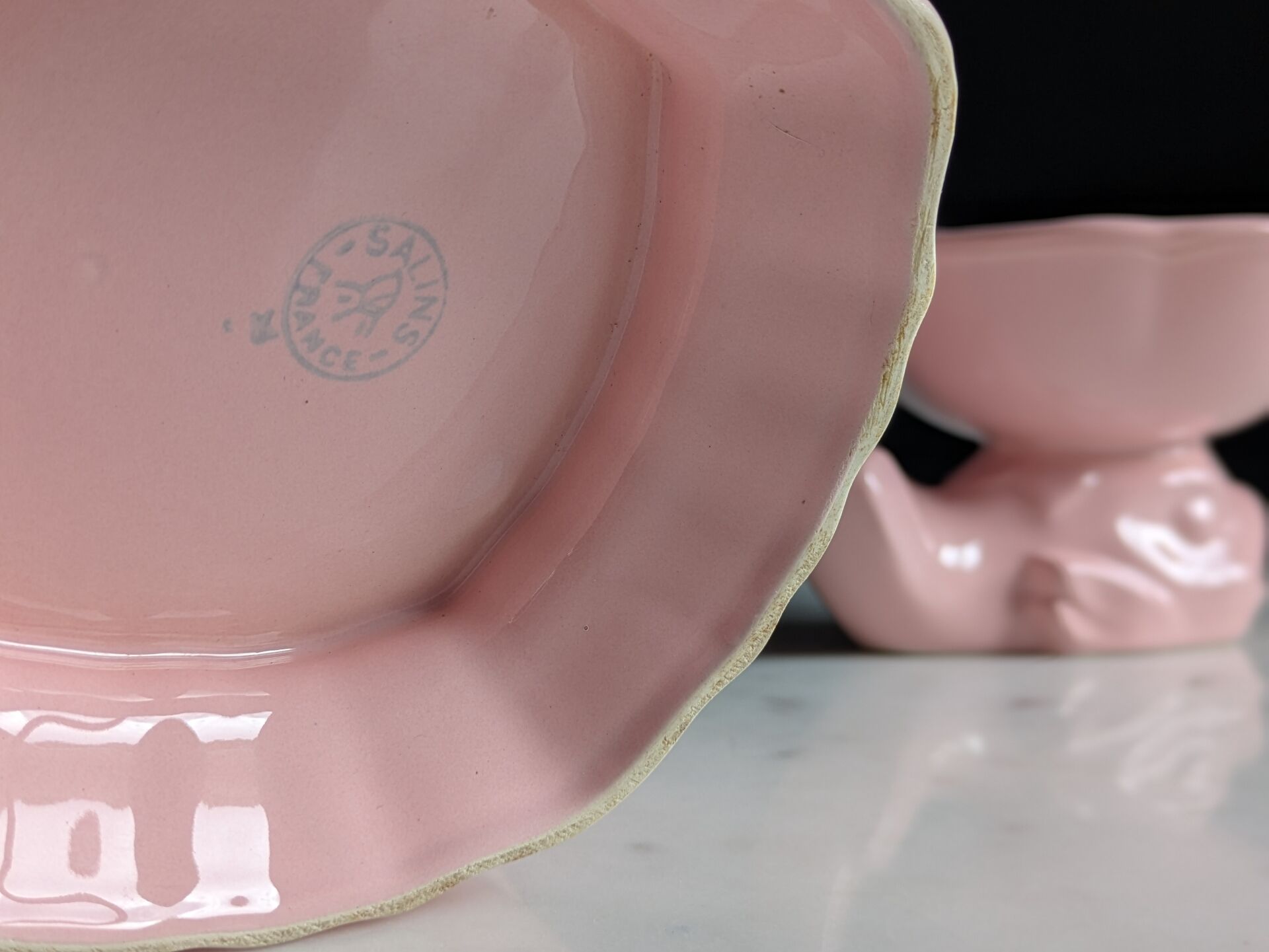 Vintage powder pink earthenware duo. Salins les Bains. 1950s.