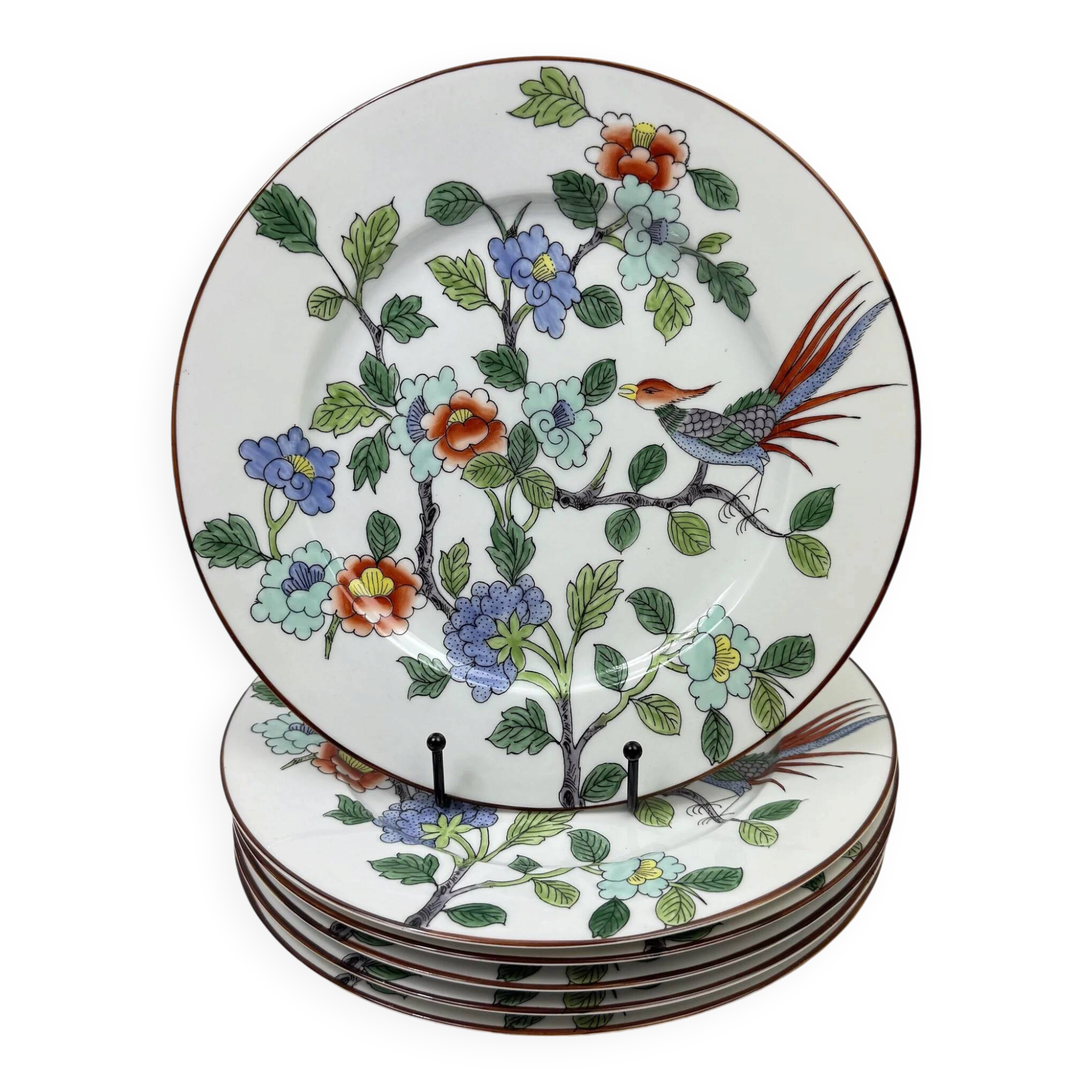6 porcelain plates from Paris for Tiffany & Co, bird and peonies.