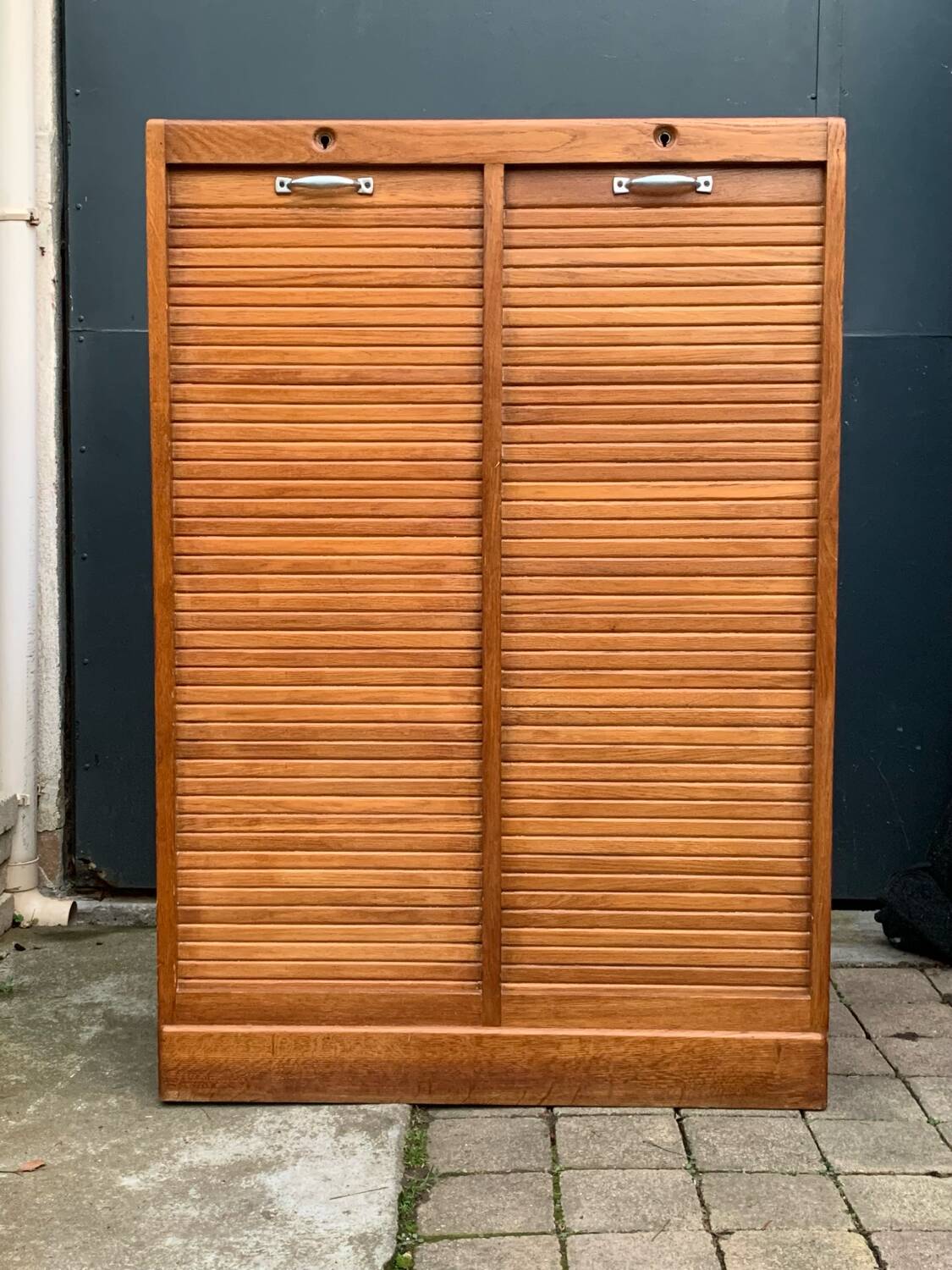 Antique oak tambour door filing cabinet, H120