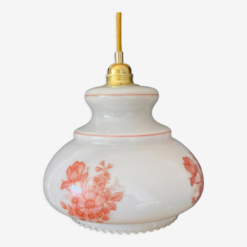 Vintage paline pendant lamp in white opaline with flower designs
