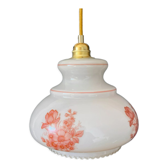 Vintage paline pendant lamp in white opaline with flower designs