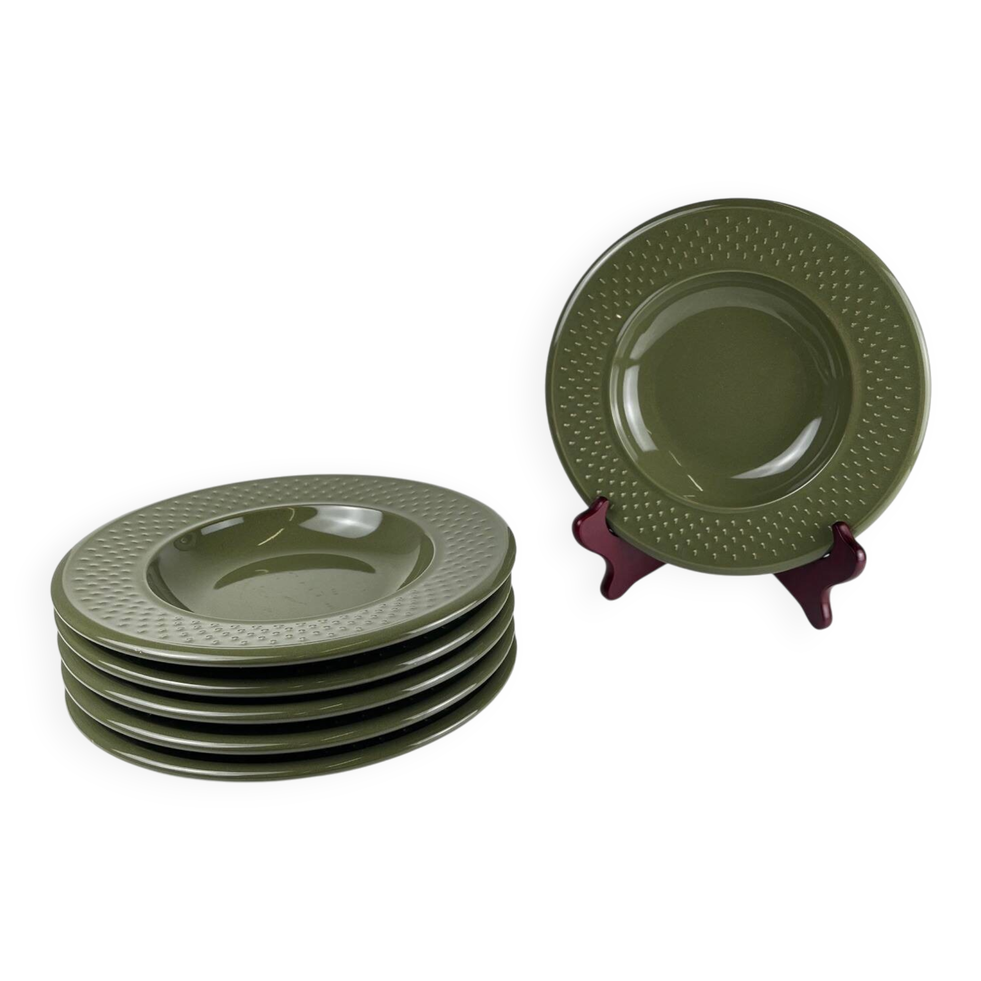 6 assiettes creuses vertes Genevieve Lethu modèle "Grain de riz"