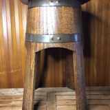 Ancien tabouret forme tonneau bois brut + cerclages métal vintage
