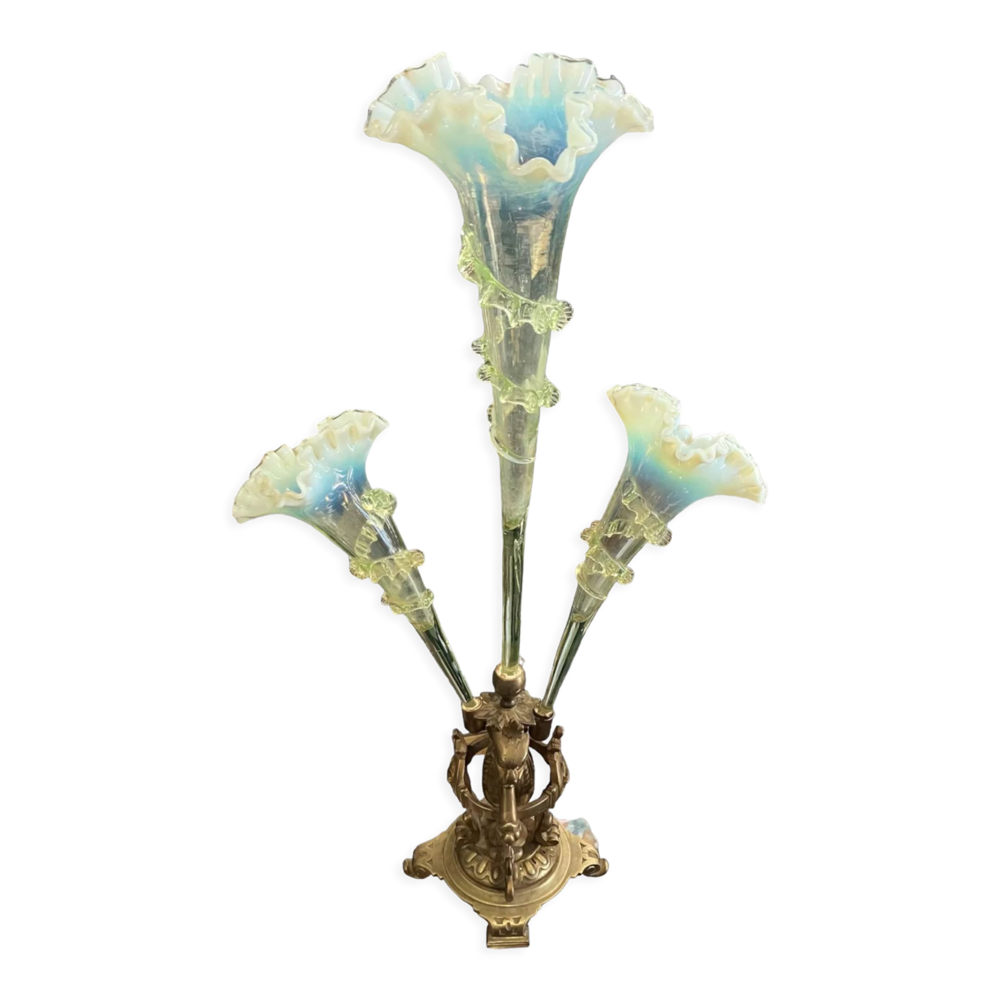 Tulip tree centerpiece in opalescent glass and bronze nineteenth