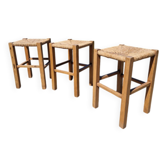 Set of 3 Country Chalet Style Straw Stools