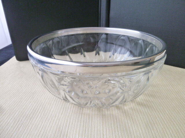 Salad bowl or fruit cup made of molded pressed glass and silver metal