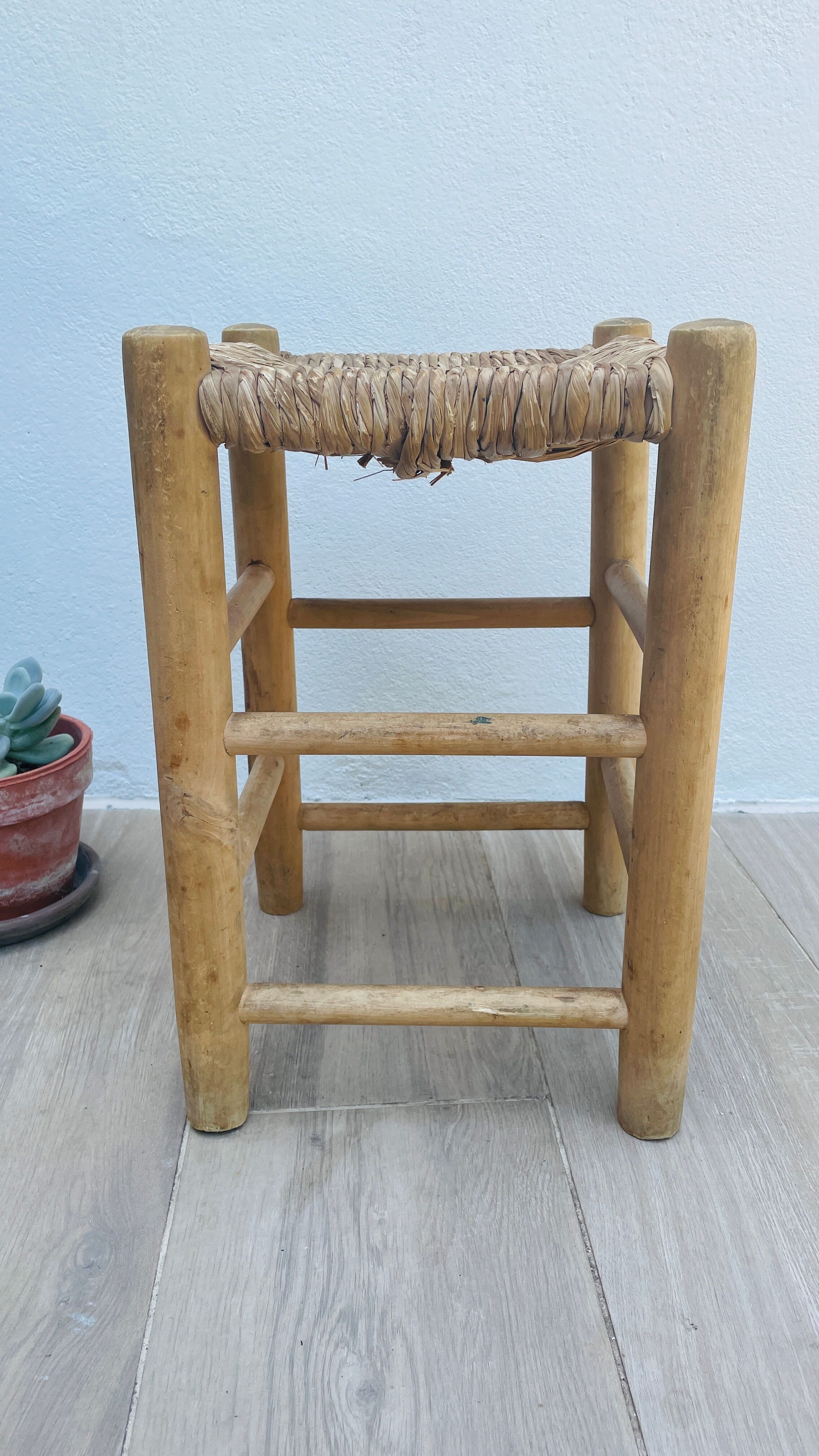 Wooden and straw stool vintage bohemian spirit