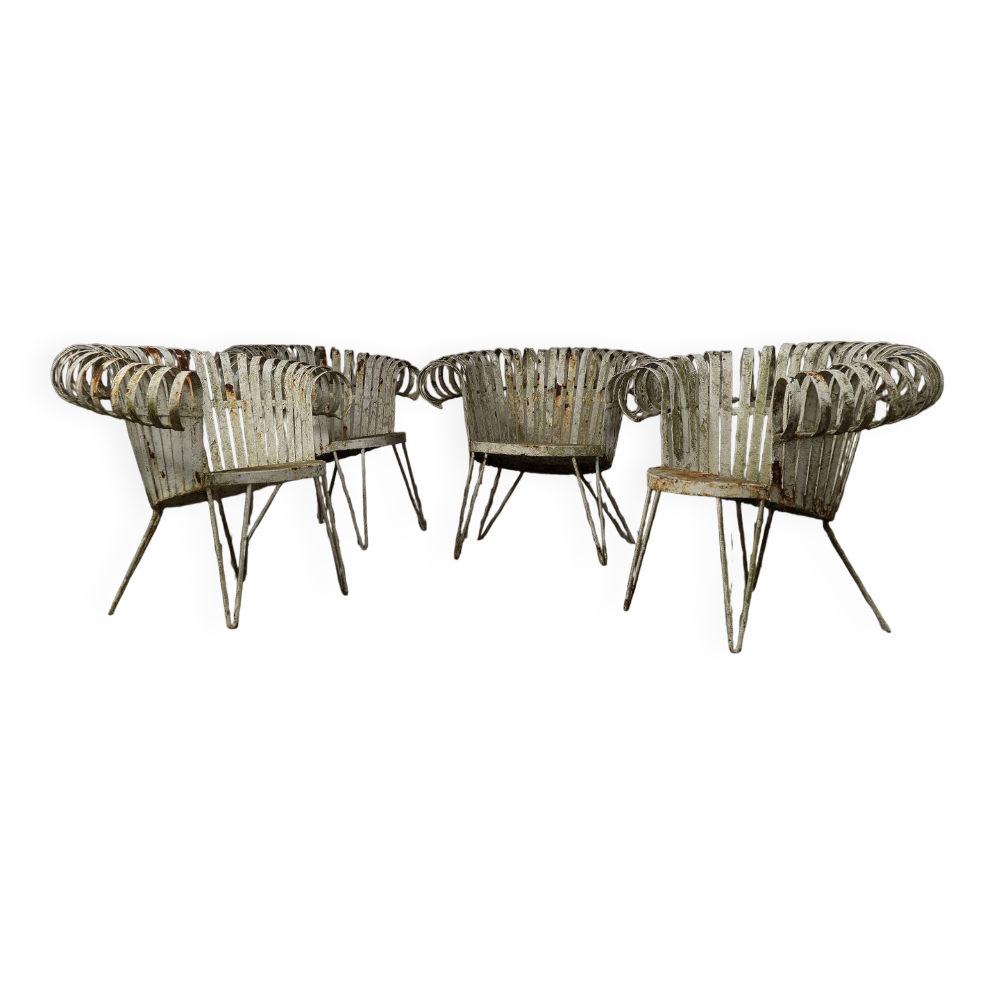 Ensemble de 4 chaises de jardin en fer forgé françaises, années 1950.