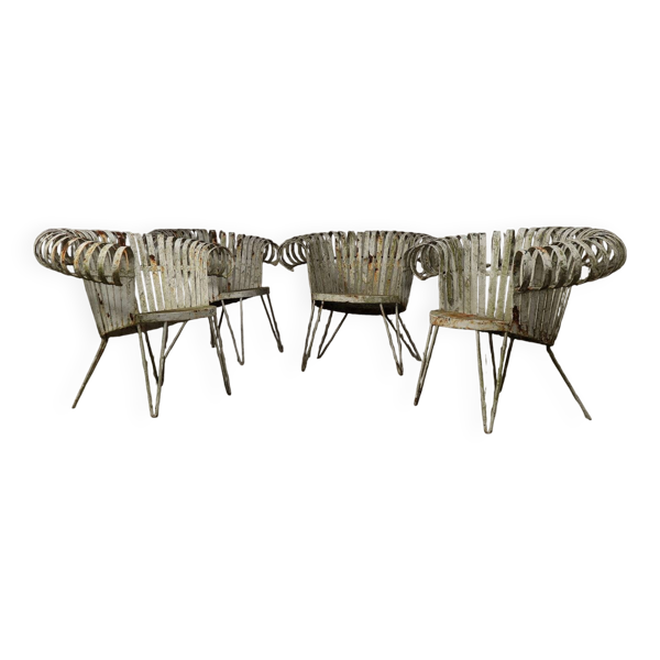 Ensemble de 4 chaises de jardin en fer forgé françaises, années 1950.