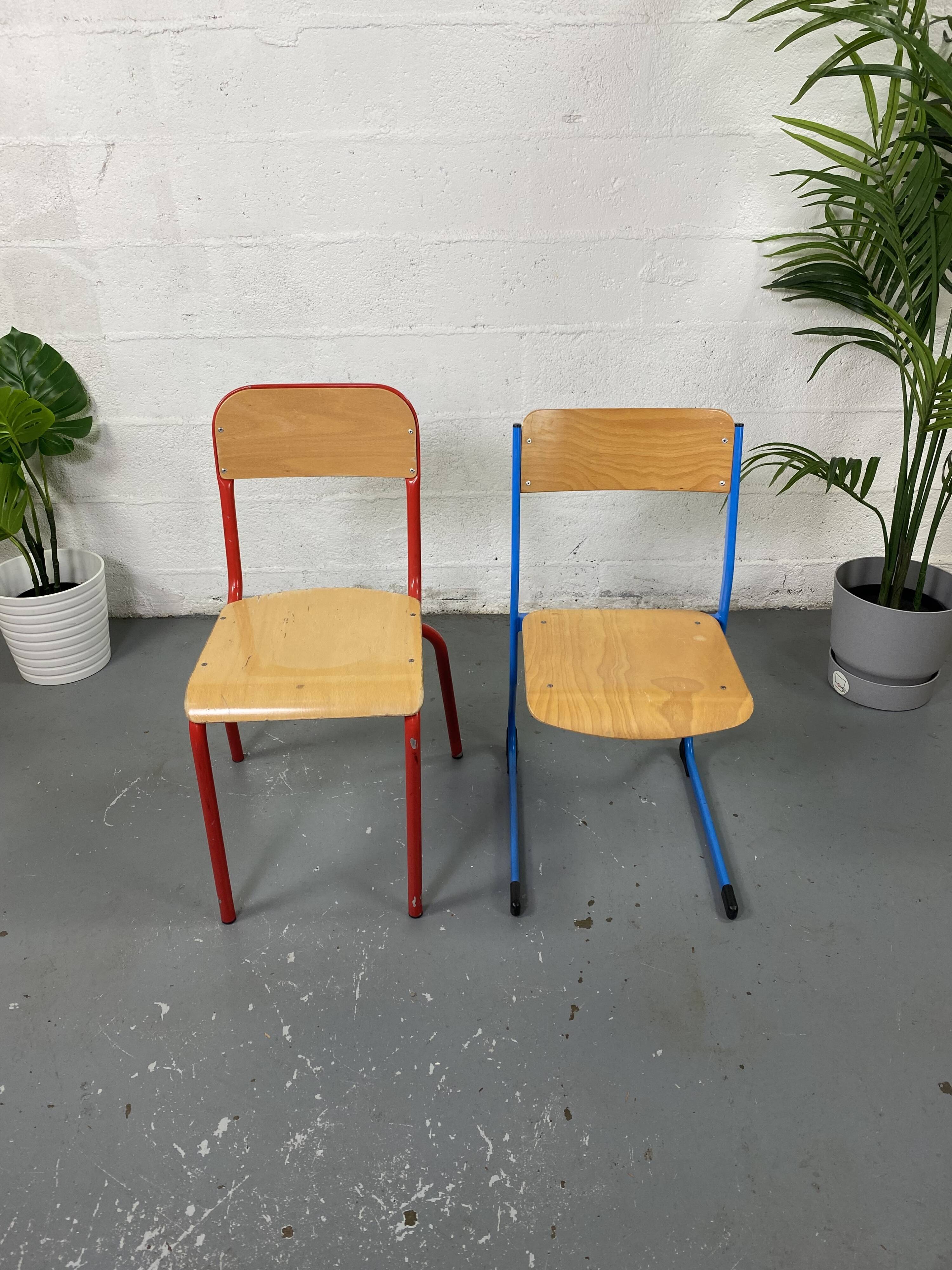 Set of 2 mismatched industrial school chairs