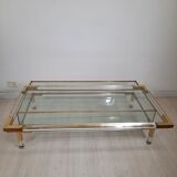 Coffee table with sliding shelf in lucite, brass and glass, Hollywood Regency