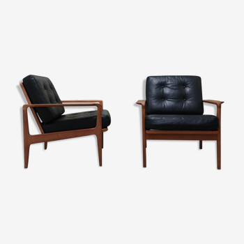 Pair of wooden and leather armchairs 1960