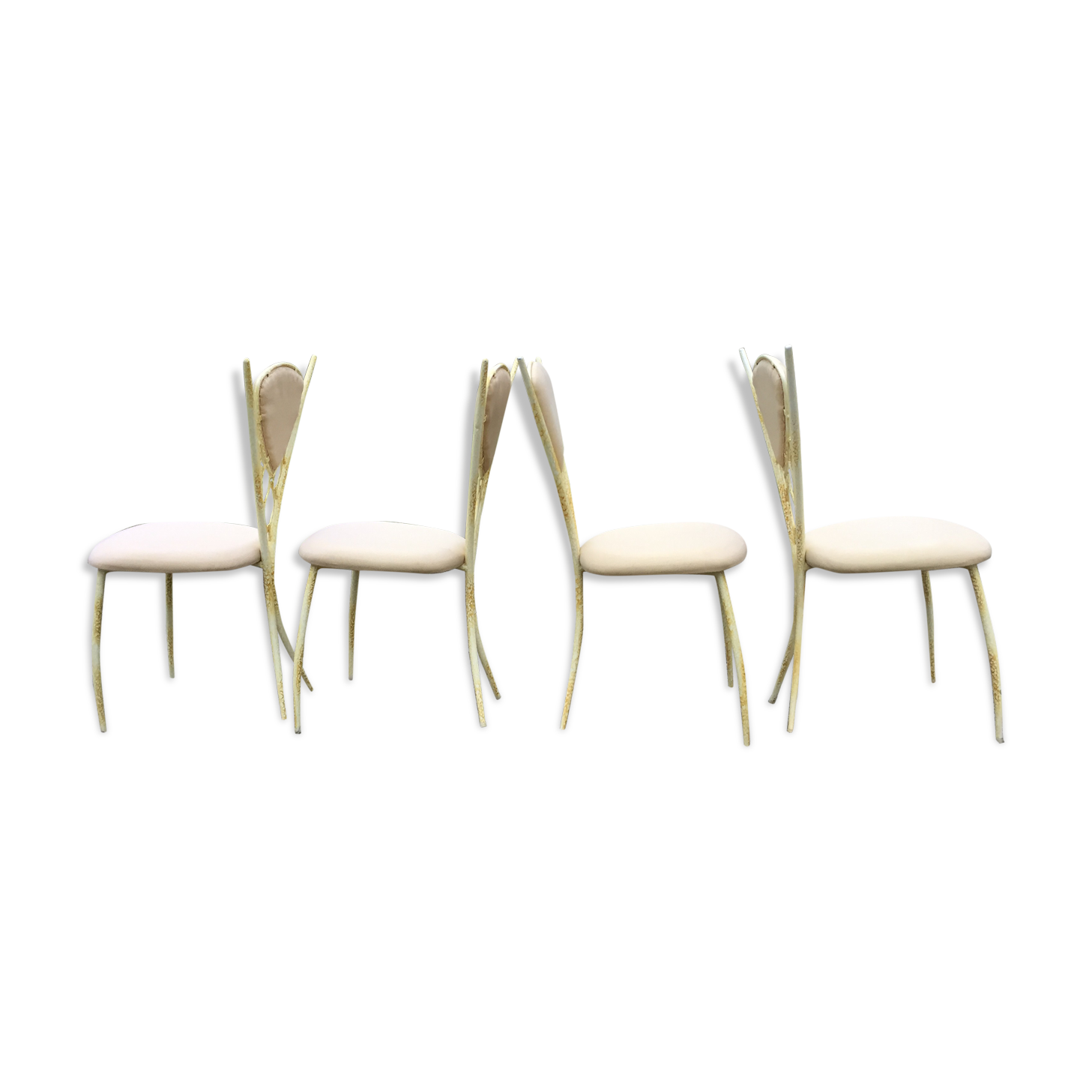 4 vintage chairs in tubular metal lacquered white yellow.
