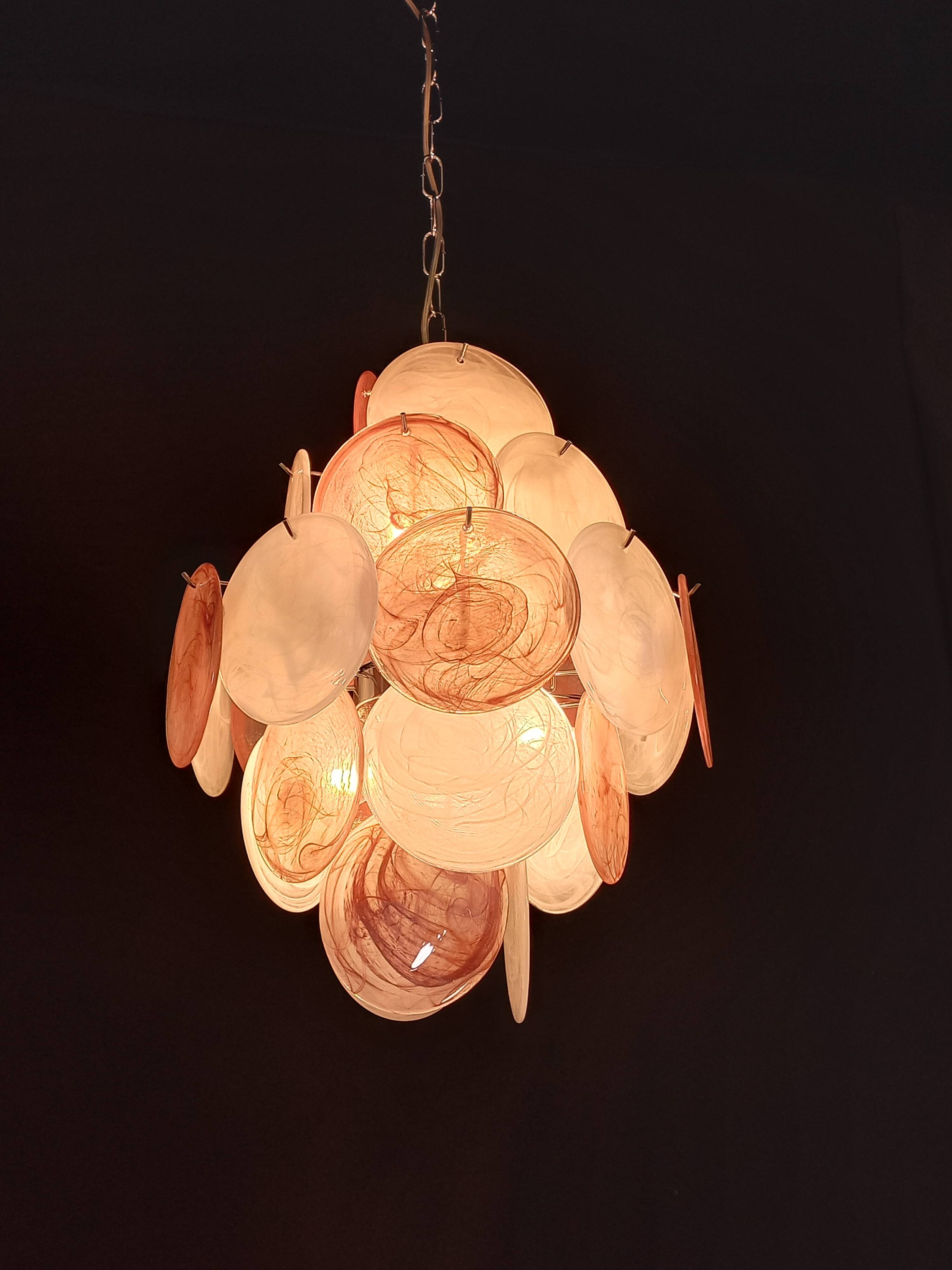 Handcrafted chandelier with alabaster disc glass, Murano glass.