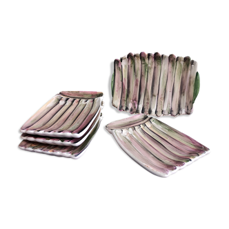 Ensemble vintage français de 1 plateau et 4 assiettes à asperges, par Vallauris
