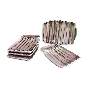 Ensemble vintage français de 1 plateau et 4 assiettes à asperges, par Vallauris