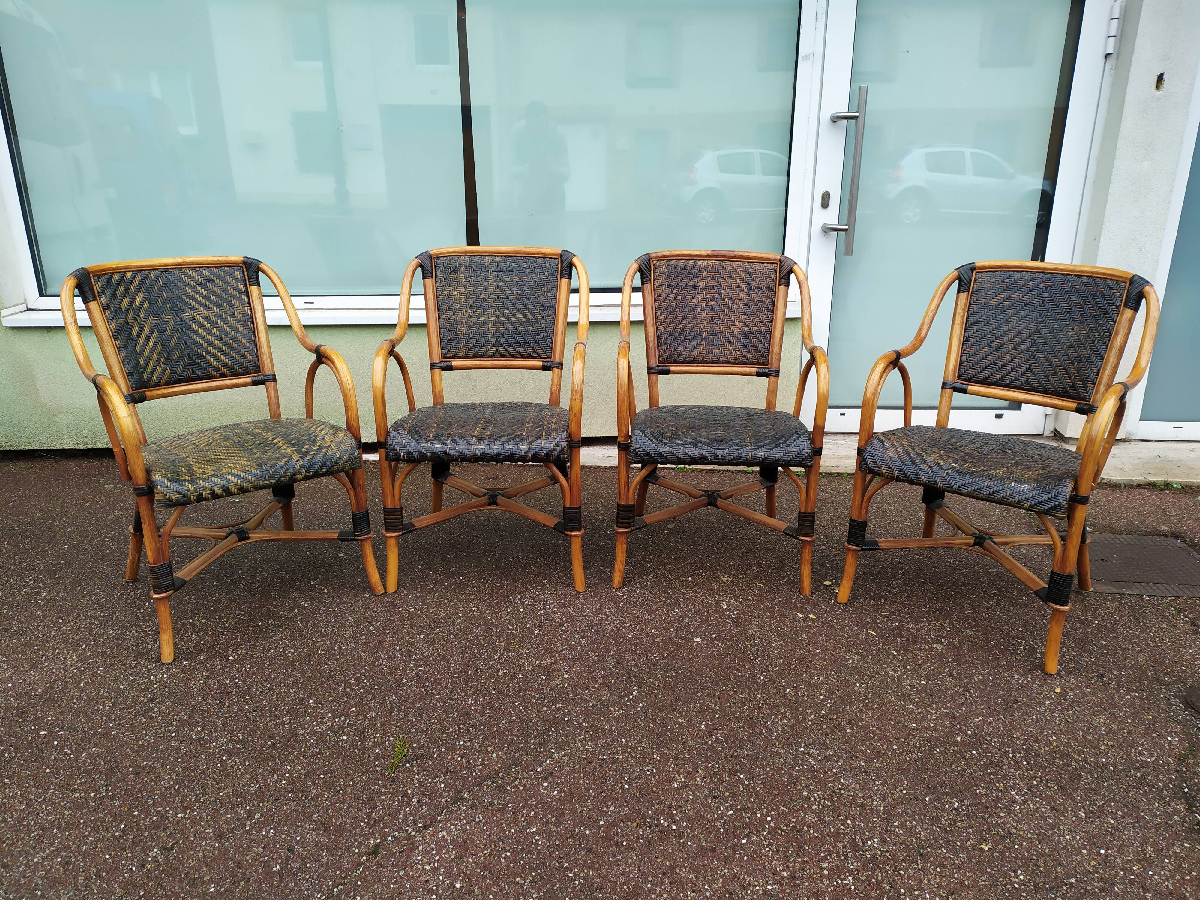 4 Fauteuil Boho chic 2 tons en Rotin, café bistro Vintage