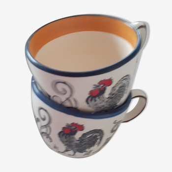 Duo of cups. enamelled rooster pattern