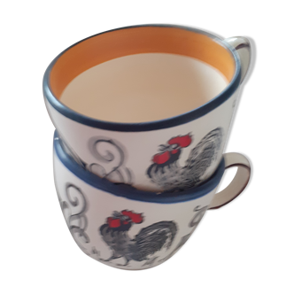 Duo of cups. enamelled rooster pattern