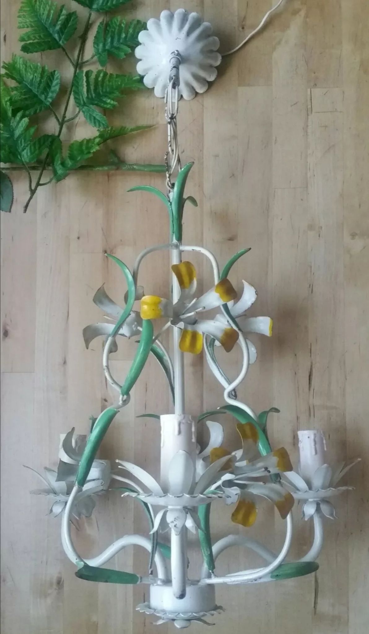 Lustre vintage tôle peinte à fleurs