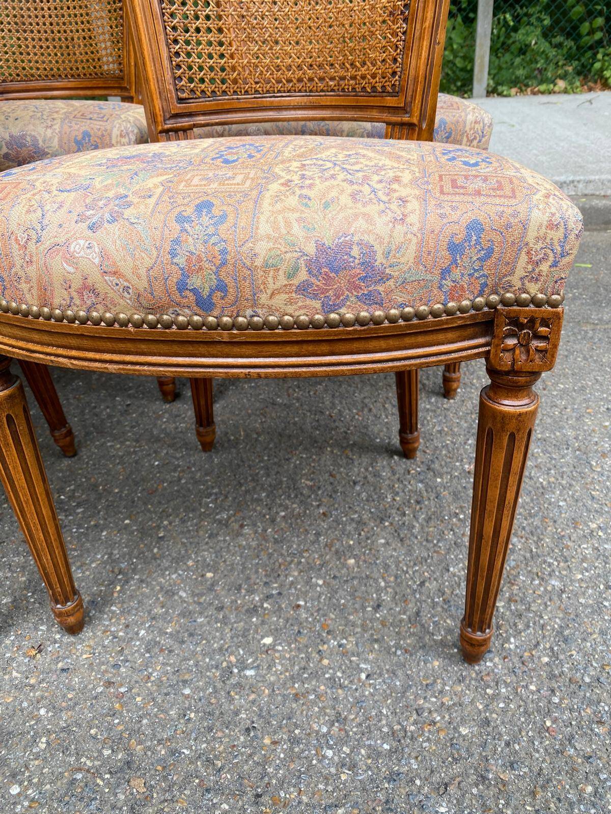 Set of 6 Louis XVI style chairs with caned backs and 70s jacquard fabric.