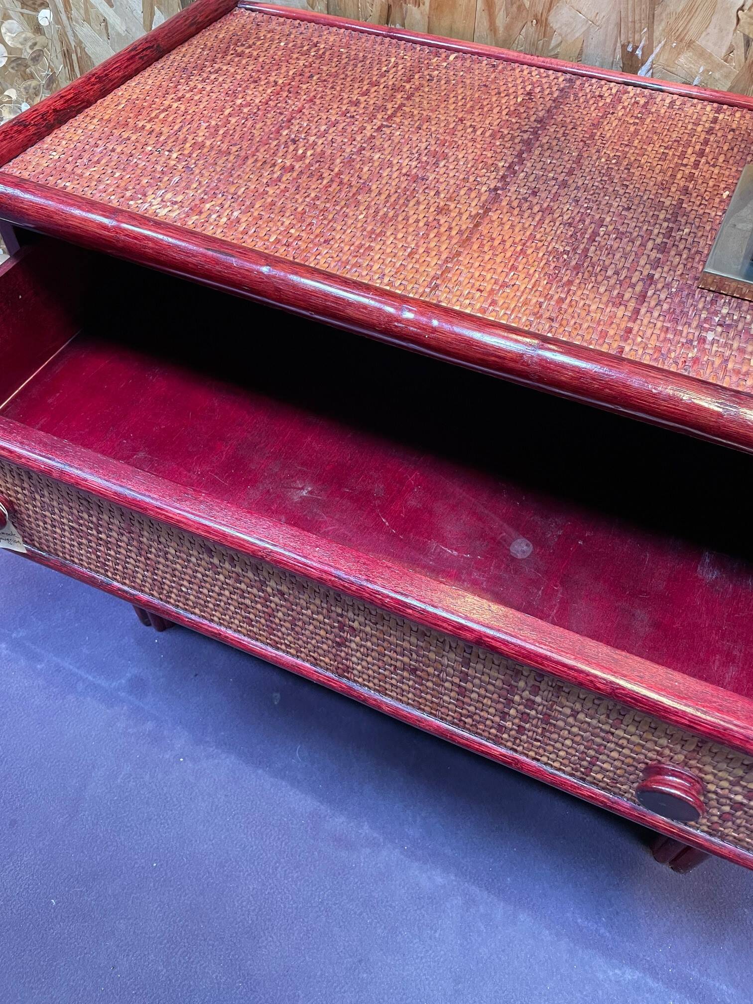 Wood and rattan commode Maugrion vintage 1980s