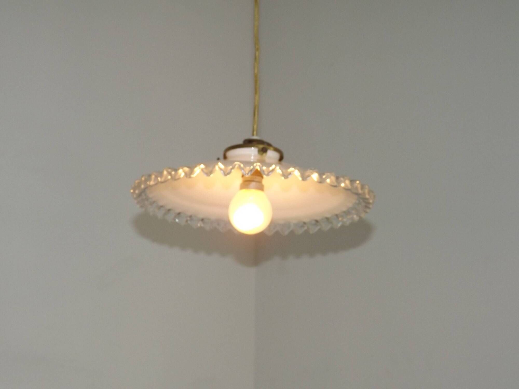 Vintage French White Opaline Glass Pendant Light Clear Glass Edge 5405
