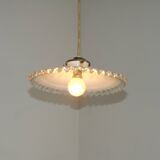 Vintage French White Opaline Glass Pendant Light Clear Glass Edge 5405