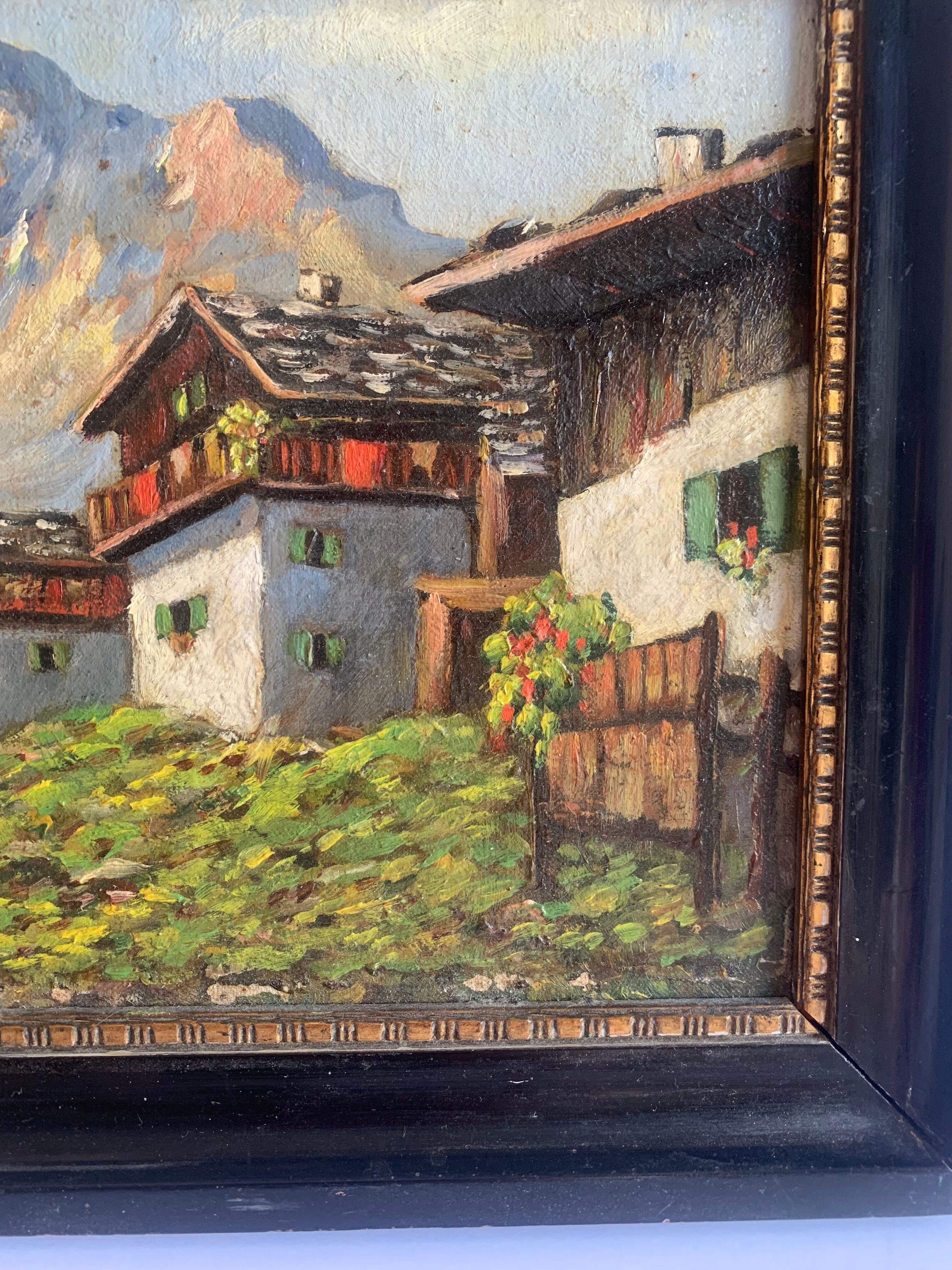 Alpine Village Antique oil painting