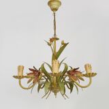 Vintage chandelier in painted metal decorated with flowers and foliage with 5 lights. 80s 90s