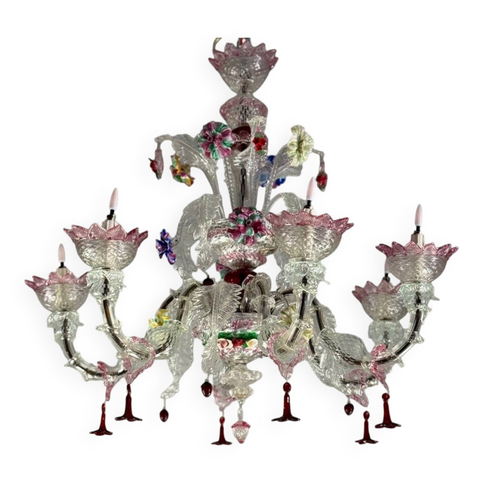 Venetian chandelier in multicolored Murano glass, 6 light arms circa 1920