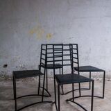 Set of 4 Black Steel Dining Chairs with Black Faux-Leather Seats — Minimalist Geometric Design