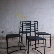 Set of 4 Black Steel Dining Chairs with Black Faux-Leather Seats — Minimalist Geometric Design