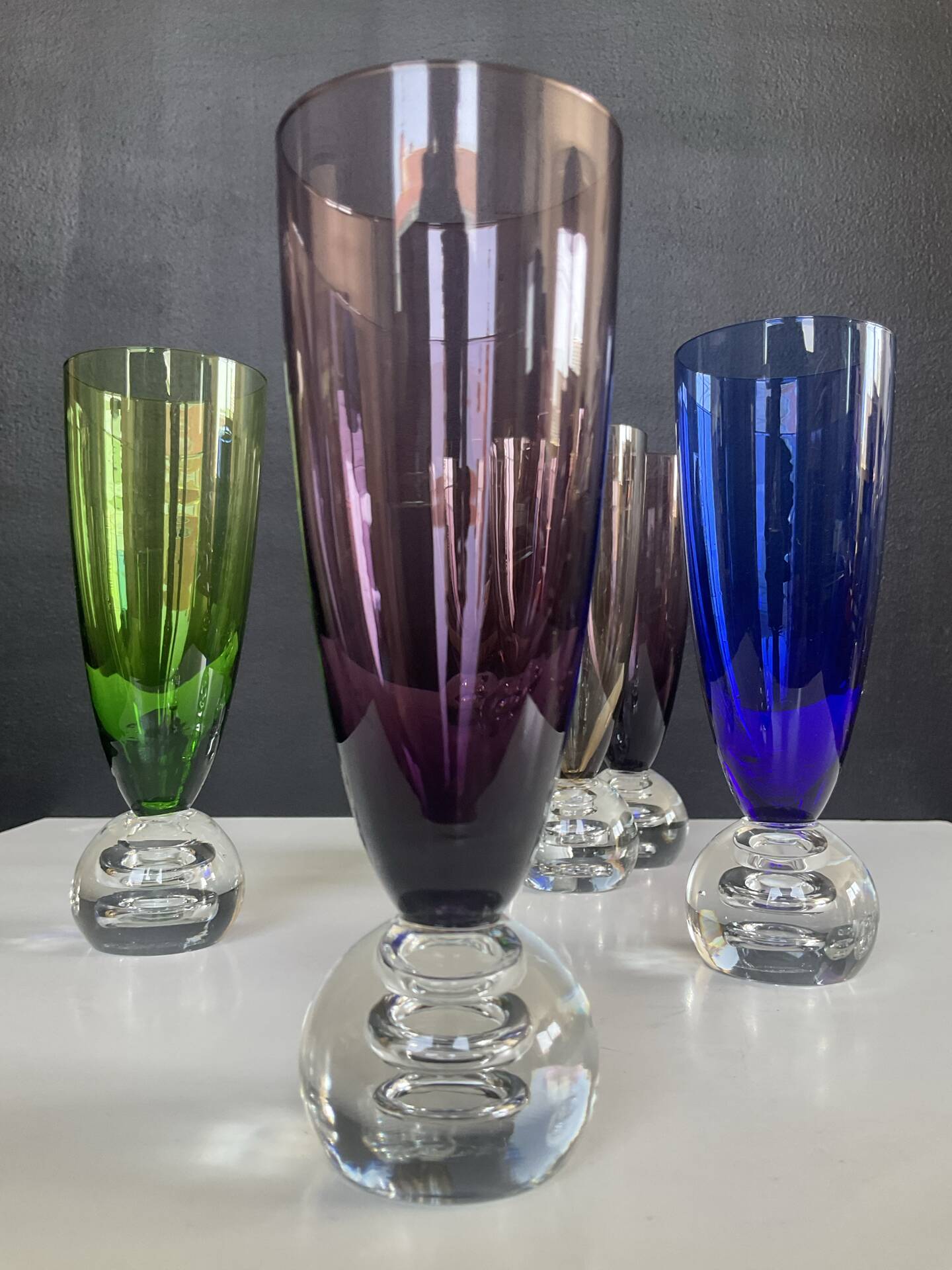 Set of 6 vintage coloured glass champagne coupes