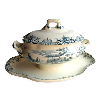 Covered sauceboat, grey-blue earthenware: Saigon, Choisy-le-Roi HB & Co.