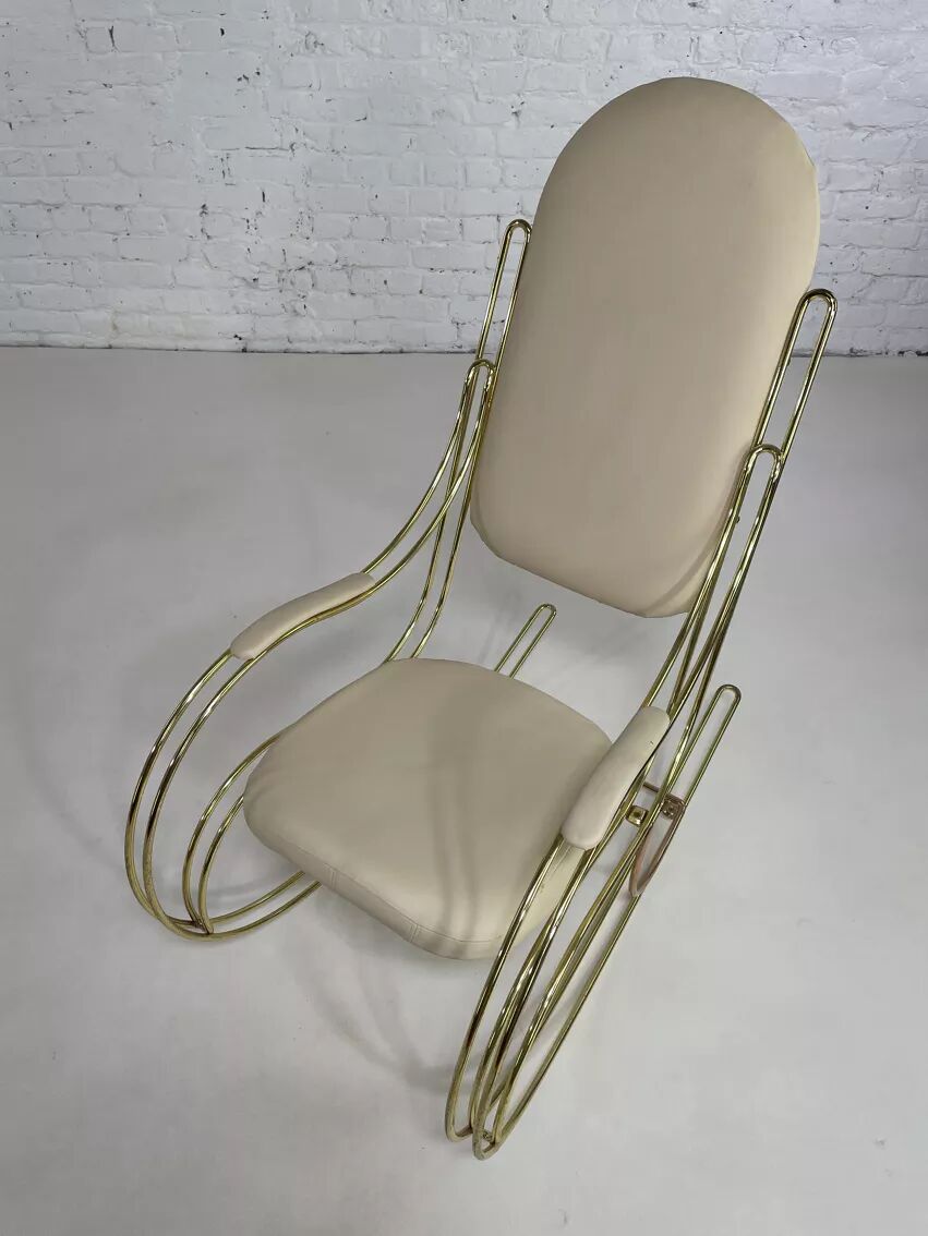 60s rocking chair in brass and ecru faux leather