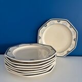 Set of 8 Longchamp France Octagonal Plates - Blue Lotus Flower Pattern