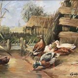 Painting "Ducks in the pond" HST signed Guichard + frame