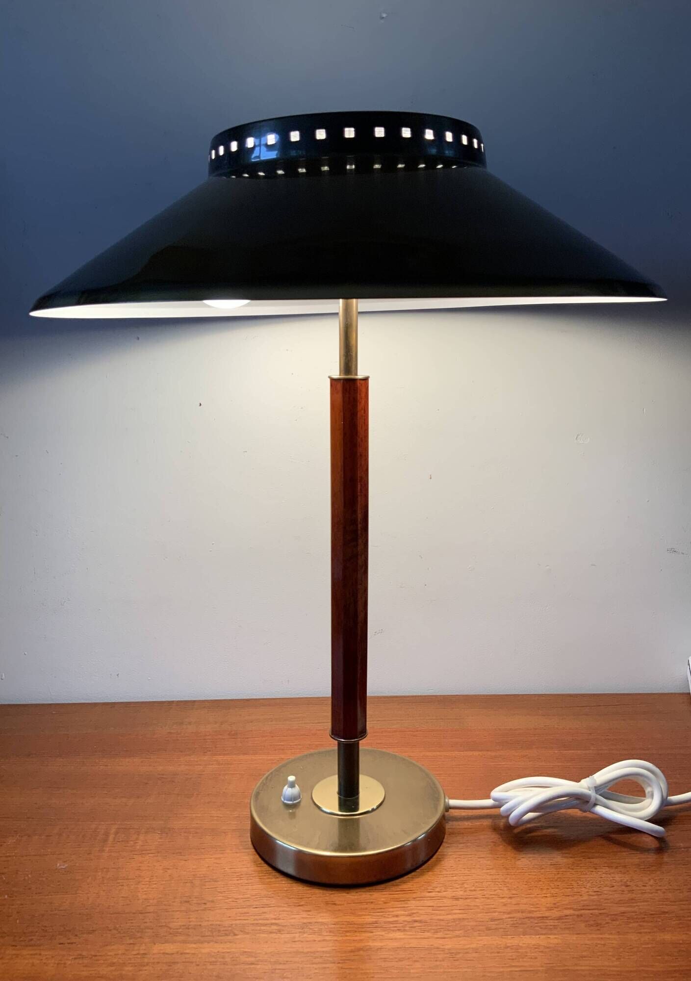 Rare Vintage Brass And Teak Table Lamp Borden's Boras Model 8445, 1940's
