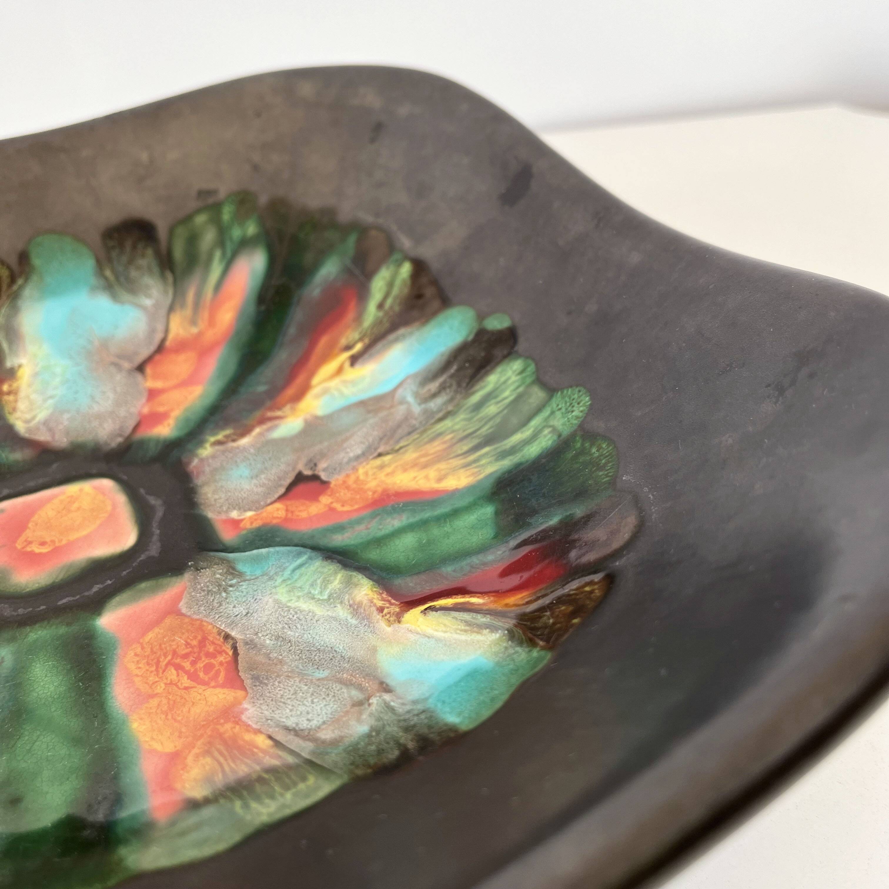 Matte and iridescent black ceramic dish 1960