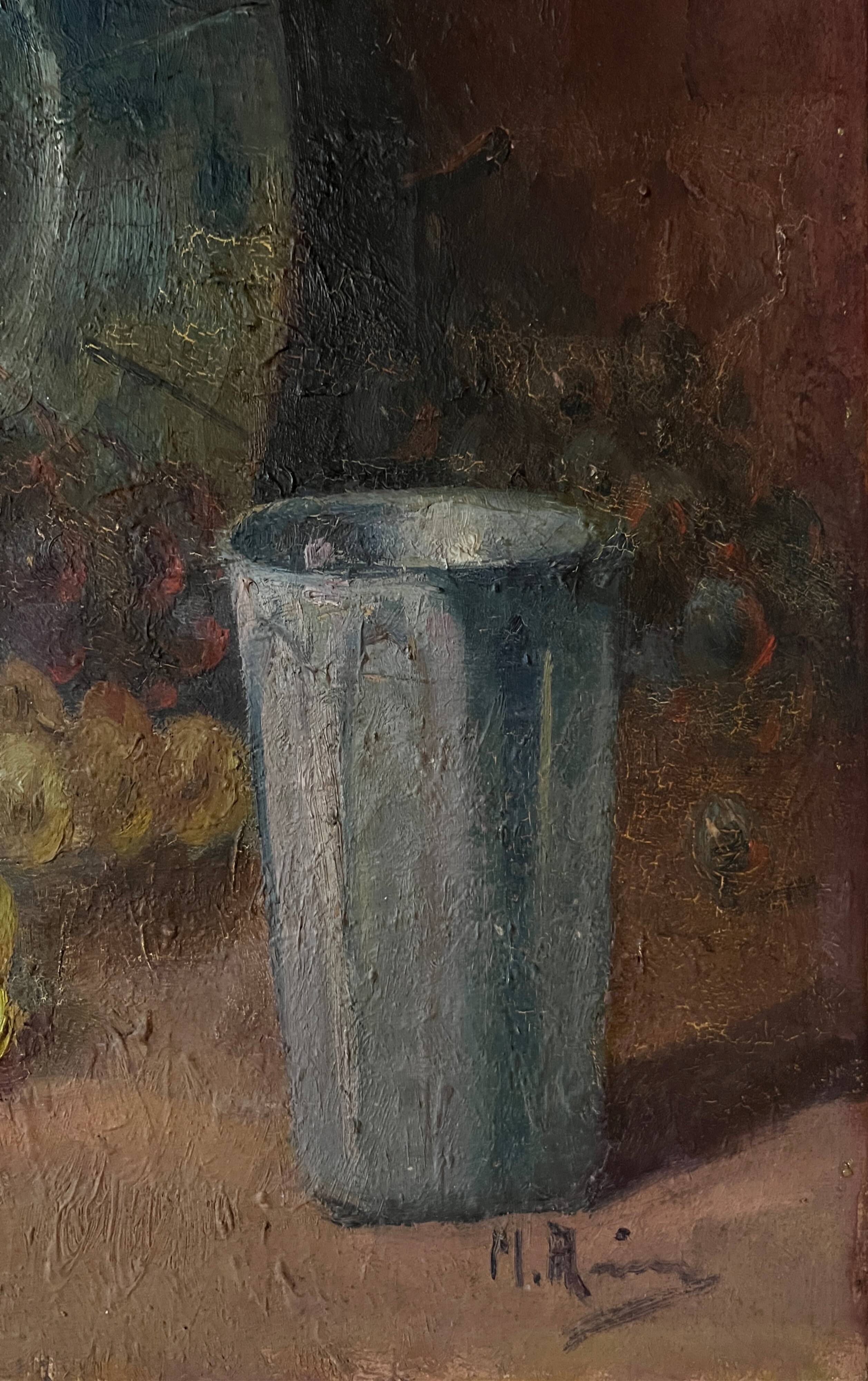 Tableau HST "Still Life with Peaches and Jug" 19th century signed