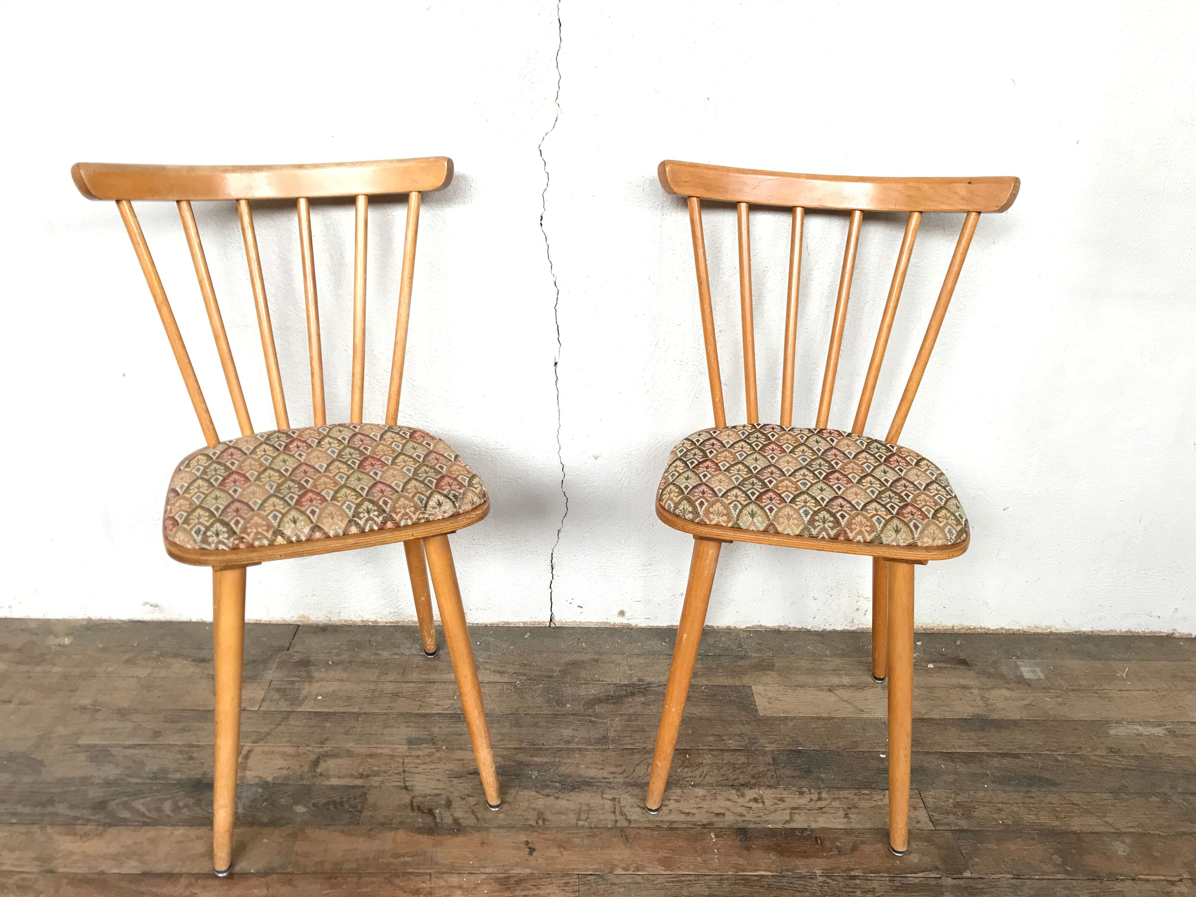 Pair of Scandinavian chair fabric light wood flower feet compasses