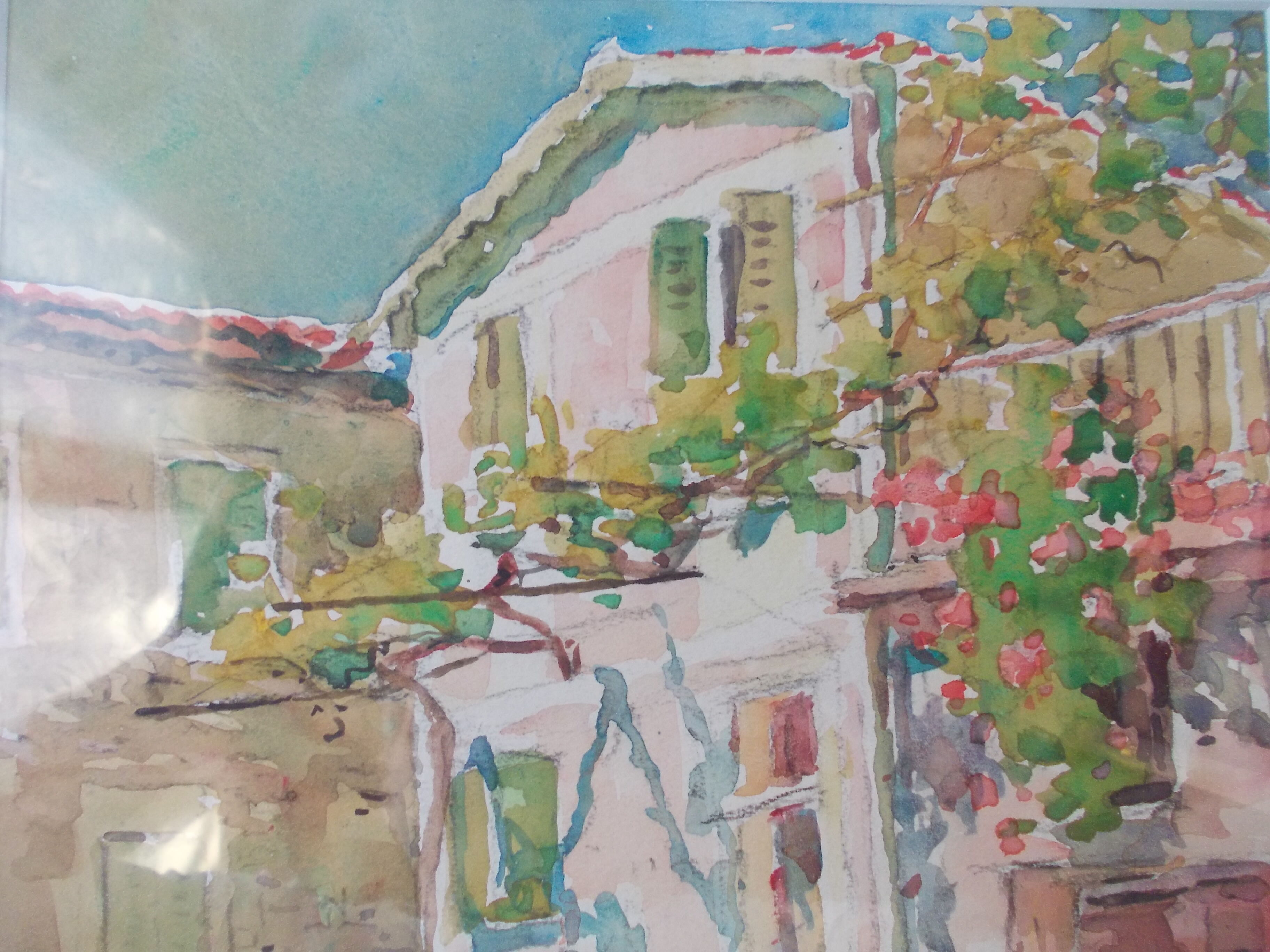 Watercolor by Louis Houpin, rue du four falicon alpes maritimes 06, reframed wood and gold