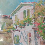 Aquarelle de Louis Houpin : rue du four falicon alpes maritimes 06, réencadrée bois et or