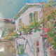 Aquarelle de Louis Houpin : rue du four falicon alpes maritimes 06, réencadrée bois et or